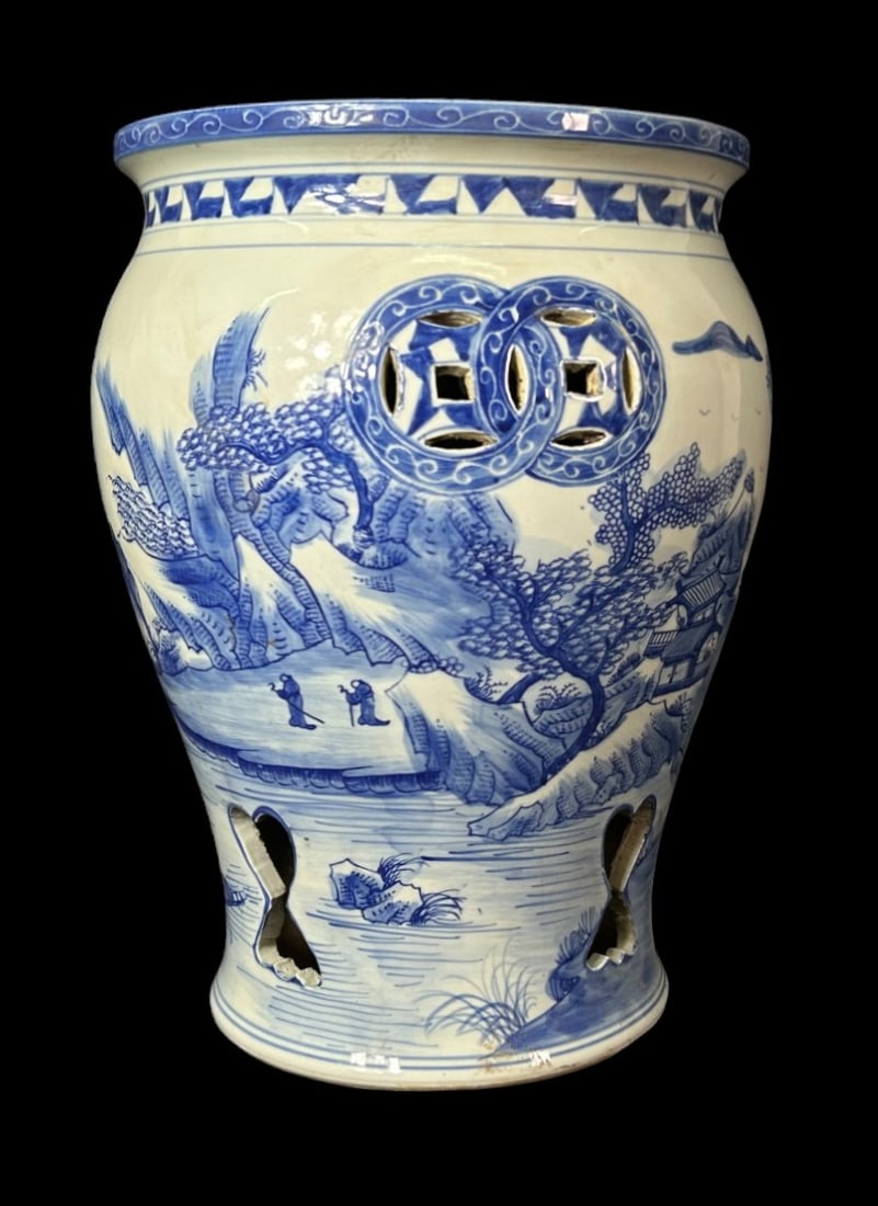 CHINESE BLUE AND WHITE PORCELAIN GARDEN STOOL: CHINESE BLUE AND WHITE PORCELAIN GARDEN STOOL. Height: 17 in. by Width: 13 in. by Depth: 13 in.