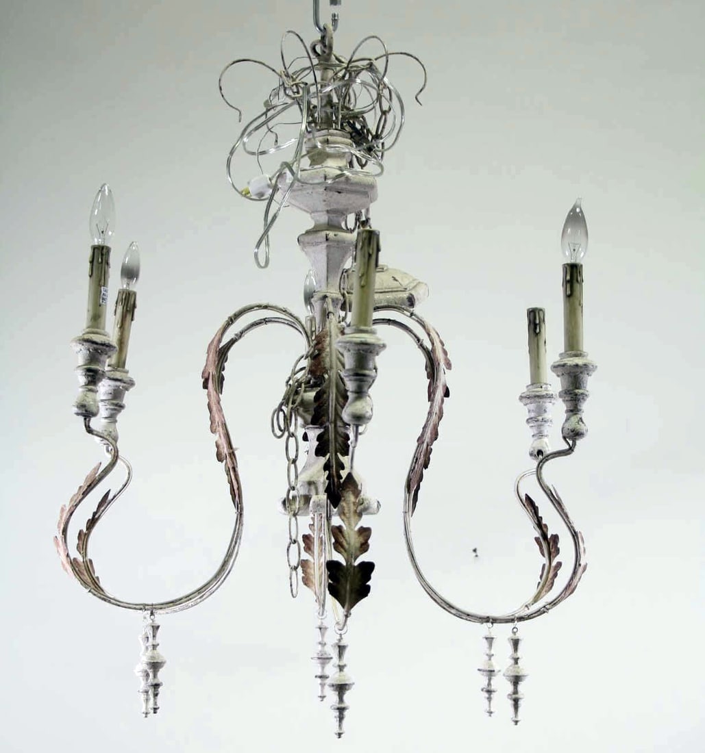 WOODEN SIX-LIGHT CHANDELIER: WOODEN SIX-LIGHT CHANDELIER. Height: 23 in. by Width: 26 in.