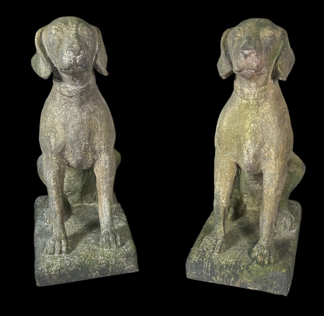 PAIR OF PATINAED TIN METAL HUNT DOG FIGURES: PAIR OF PATINAED TIN METAL HUNT DOG FIGURES. Height: 29 in. by Width: 12 in. by Depth: 24 in.