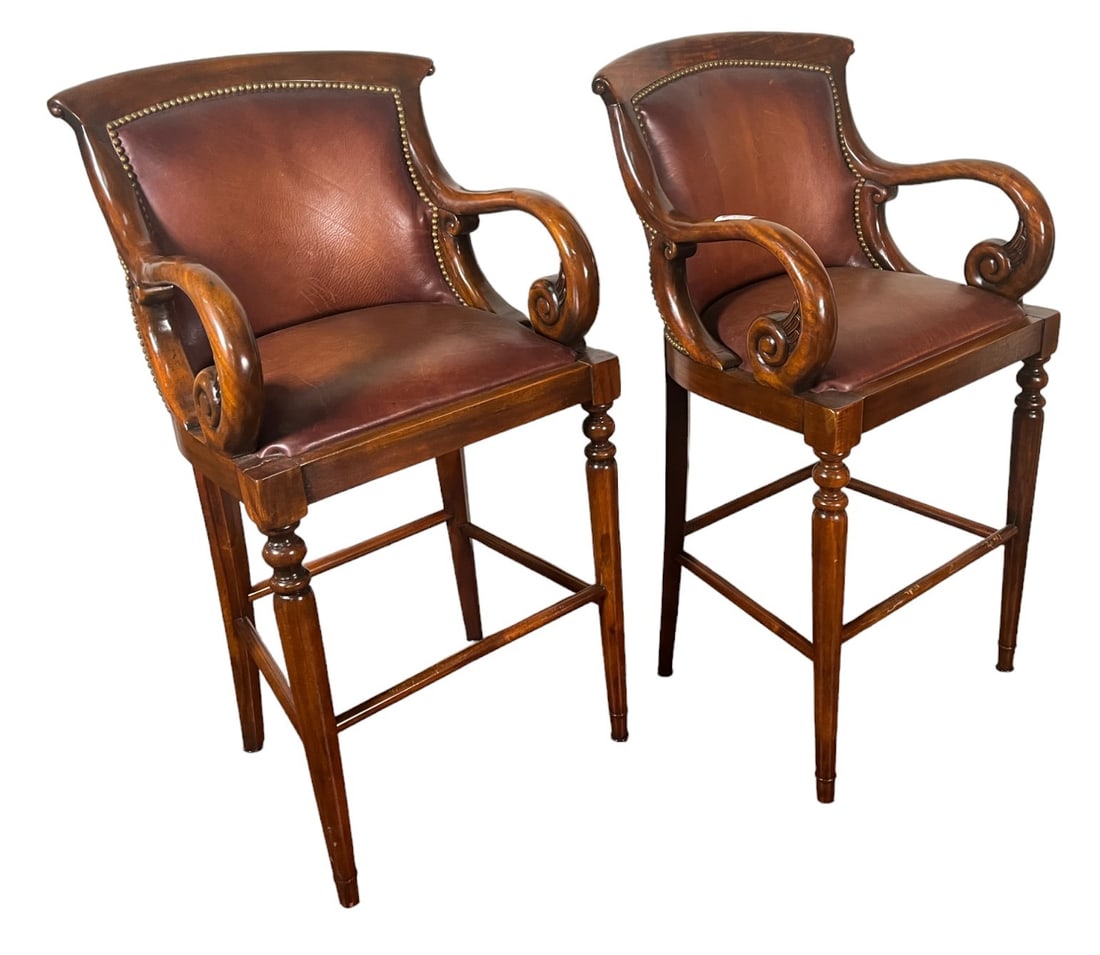 PR FRENCH LODGE LEATHER BARSTOOLS W NAILHEAD TRIM (1 of 3)
