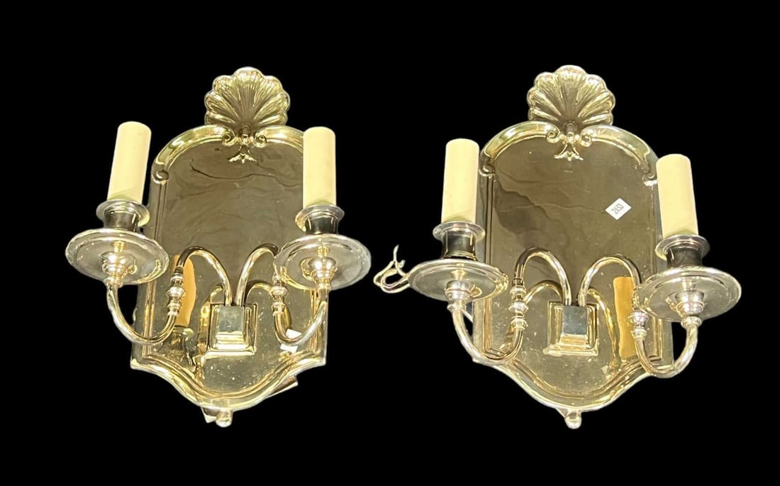 PAIR OF POLISHED BRASS TWO LIGHT WALL SCONCES (1 of 3)