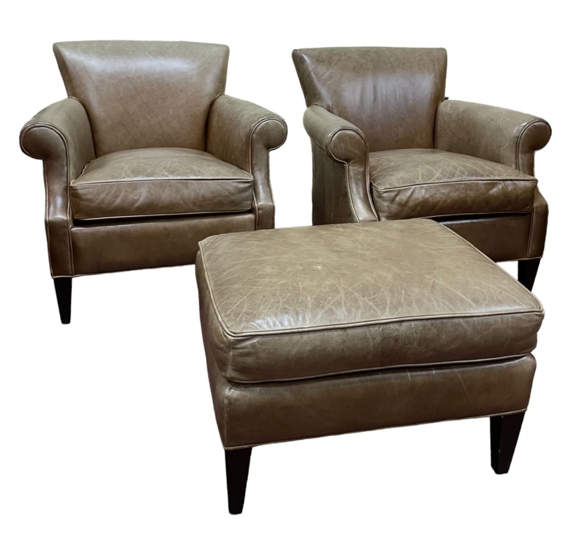 PAIR OF LEATHER CLUB CHAIRS WITH OTTOMAN: PAIR OF LEATHER CLUB CHAIRS WITH OTTOMAN. Height: 34 in. by Width: 34 in. by Depth: 32 in.