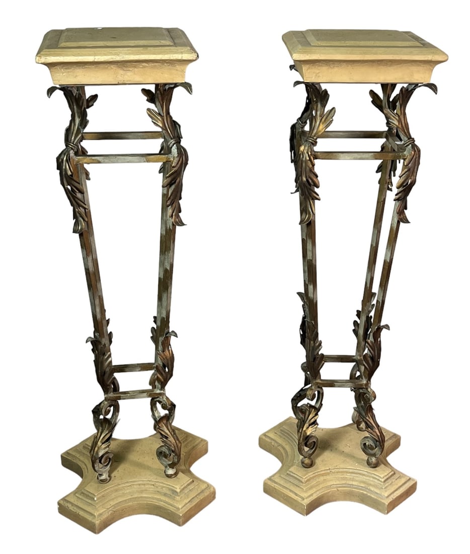 PAIR OF ORNATE WRIGHT IRON & CAST STONE PEDESTALS: PAIR OF ORNATE WROUGHT IRON & CAST STONE PEDESTALS. Height: 48 in. by Width: 13 in. by Depth: 13 in.