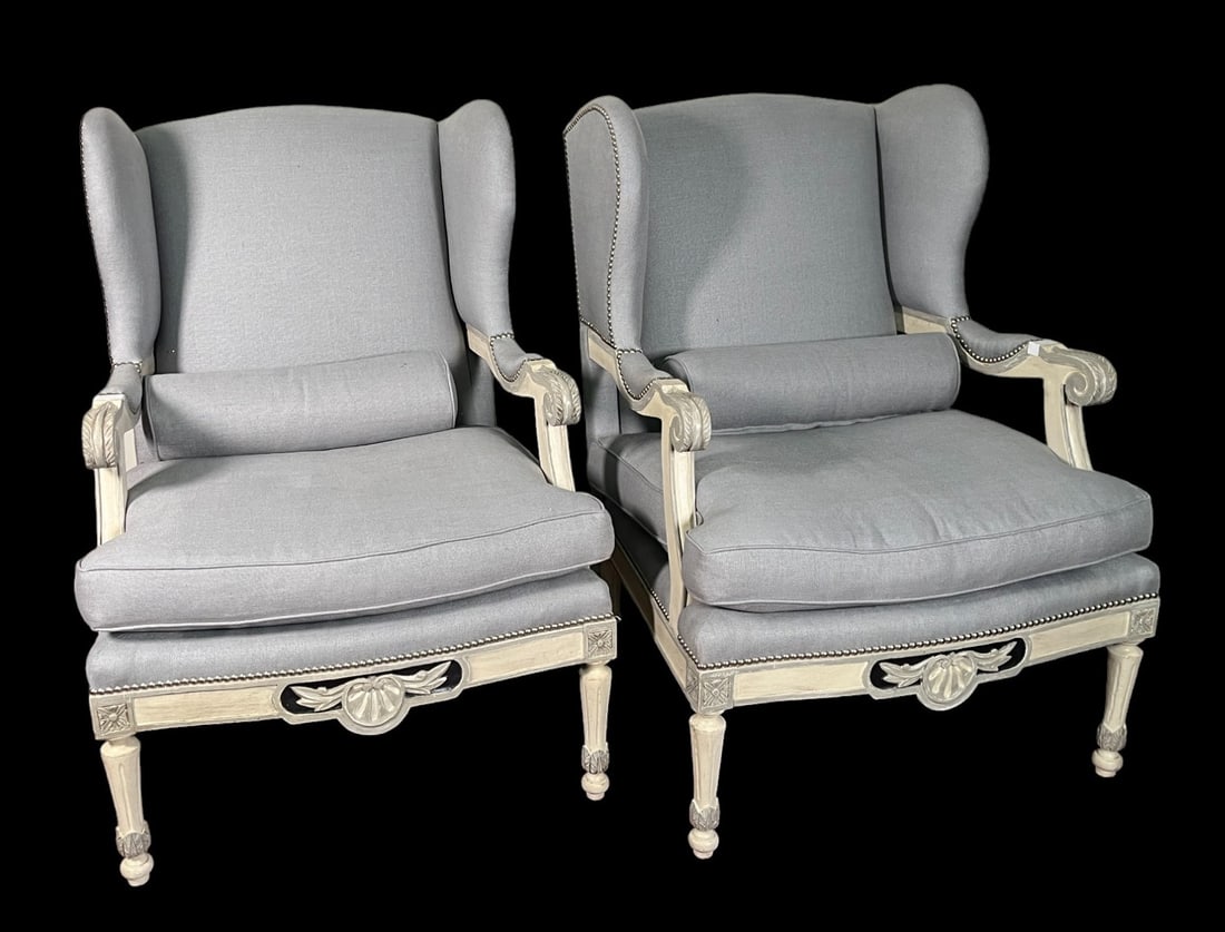 PAIR OF FRENCH LOUIS XV STYLE WINGBACK CHAIRS: PAIR OF FRENCH LOUIS XV STYLE WINGBACK CHAIRS Height: 43 in. by Width: 30 in. by Depth: 33