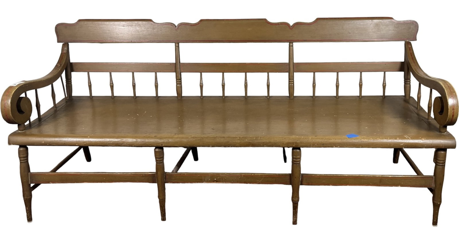 19TH C AMERICAN COLONIAL SPINDLE BACK BENCH (1 of 8)