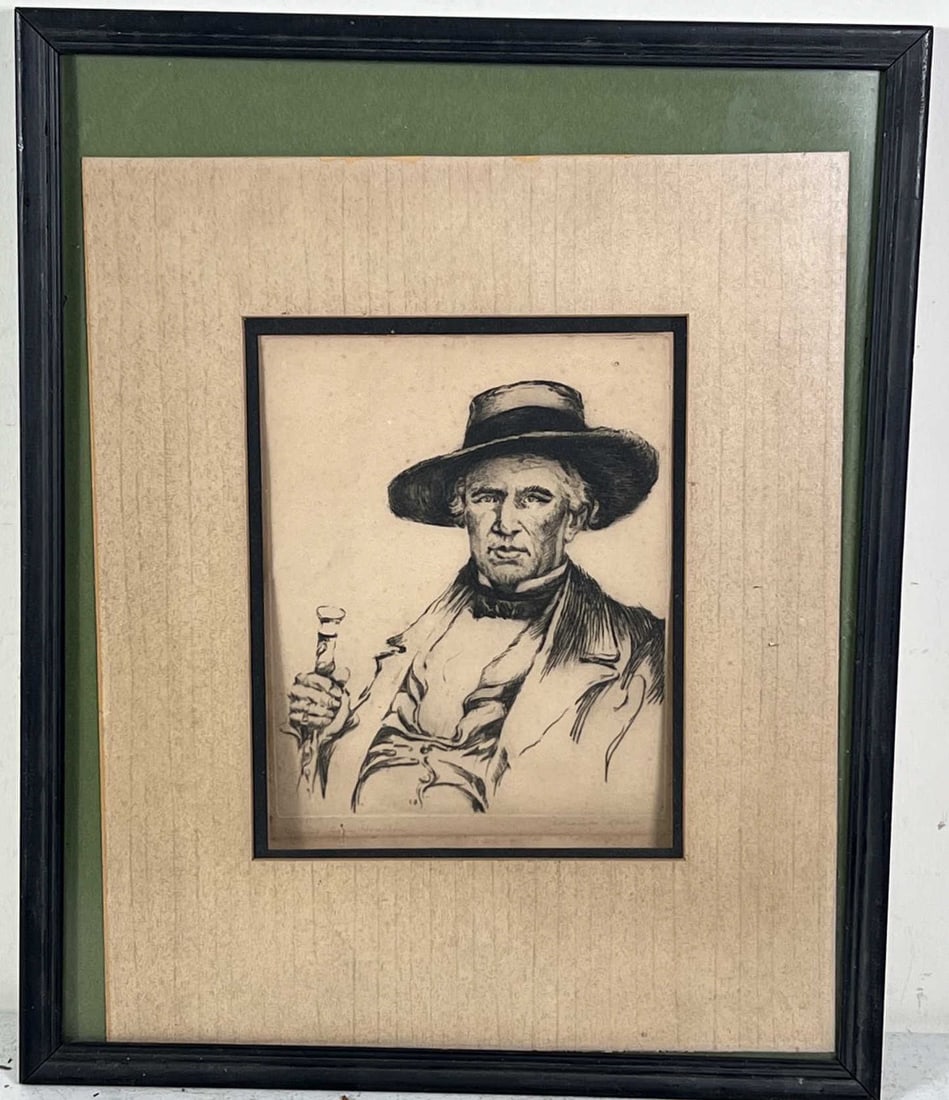 SIGNED ETCHING OF SAM HOUSTON: SIGNED ETCHING OF SAM HOUSTON. Height: 21.5 in. by Width: 17.25 in. by Depth: .5 in.