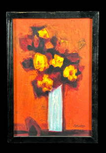 DAVID ADICKES YELLOW FLOWERS AGAINST ORANGE 2017: DAVID ADICKES YELLOW FLOWERS AGAINST ORANGE, 2017 MIXED MEDIA WITH ACRYLIC OVER GICLEE. Height: 16.25 in. by Width: 11.25 in. by Depth: 1.5 in.