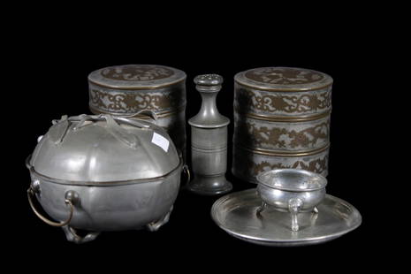 SIX 19th CENTURY PEWTER TEA CADDIES: SIX 19th CENTURY PEWTER TEA CADDIES.THREE ENGLISH AND THREE CHINESE. Height: 4.75 in. by Width: 6.5 in. by Depth: 5.5 in.