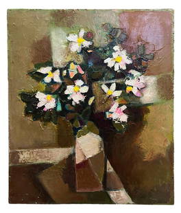 DAVID ADICKES MIXED MEDIA "WHITE FLOWERS 1992: DAVID ADICKES MIXED MEDIA "WHITE FLOWERS CUBIST VASE" 1992. Height: 24 in. by Width: 18 in. by Depth: .25 in.