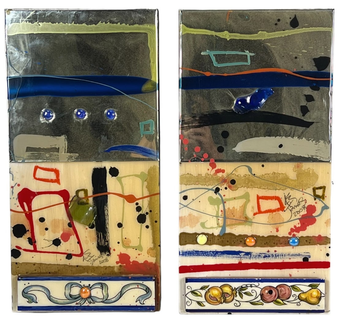 PAIR OF AUSTIN ALLEN MIXED MEDIA COLLAGES ON BOXES: PAIR OF AUSTIN ALLEN MIXED MEDIA COLLAGES ON BOXES. Height: 12 in. by Width: 12 in. by Depth: 2 in.