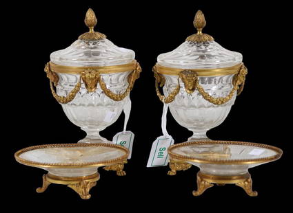 PAIR OF 19th CENTURY CRYSTAL CONTINENTAL URNS: PAIR OF 19th CENTURY CUT CRYSTAL AND BRONZE CONTINENTAL URNS. 2 BOWLS / PLATES INCLUDED. Height: 10 in. by Width: 5.5 in. by Depth: 5.5 in.