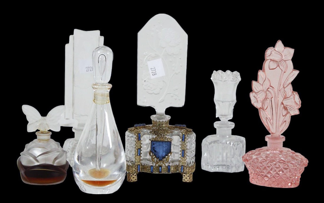 LOT OF SIX 1920's CZECH CRYSTAL PERFUME BOTTLES (1 of 8)