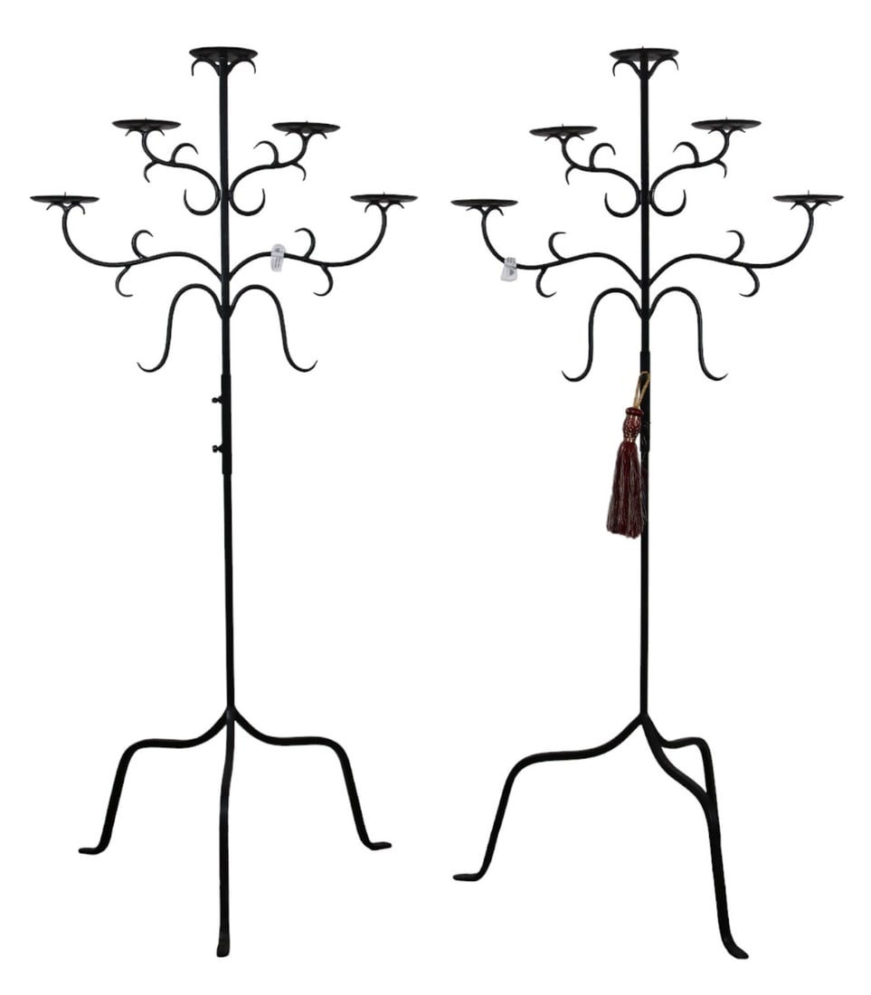 PAIR OF WROUGHT IRON FIVE CANDLE CANDELABRA: PAIR OF 67" WROUGHT IRON FIVE CANDLE CANDELABRA. Height: 67 in. by Width: 31 in. by Depth: 5.5 in.