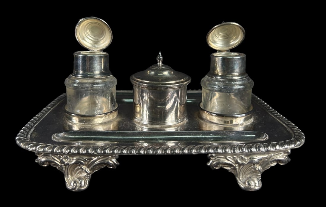 ANTIQUE SILVER PLATE INK STAND (1 of 3)