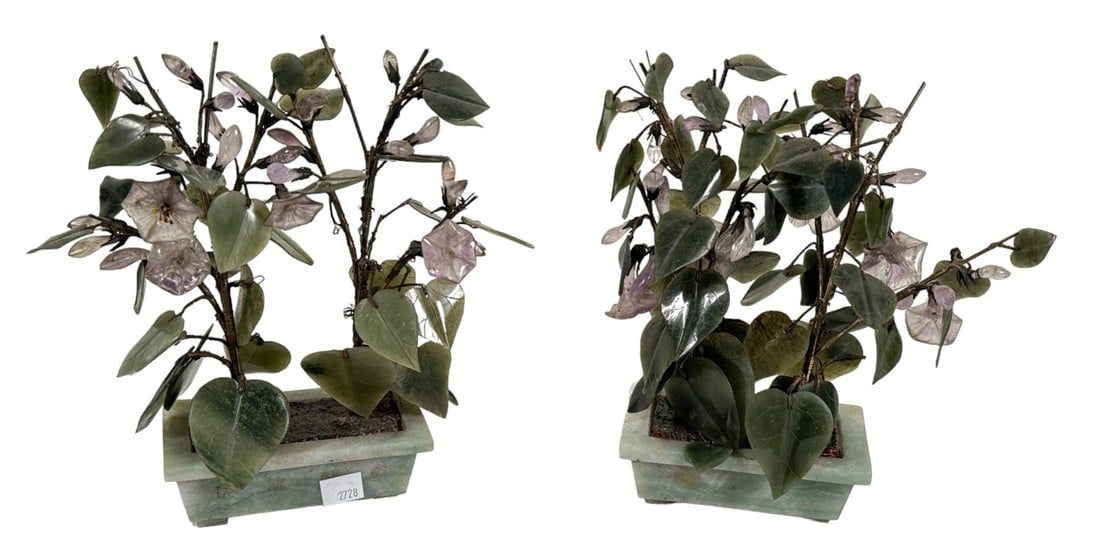 PAIR OF ANTIQUE CHINESE JADE/QUARTZ TREES IN POTS (1 of 5)