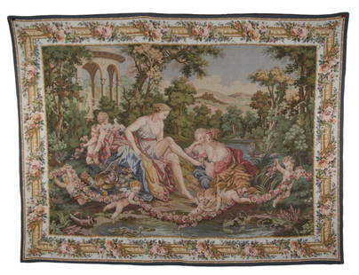 VINTAGE AUBUSSON STYLE JAQUAR TAPESTRY: VINTAGE AUBUSSON STYLE JAQUAR TAPESTRY IN THE STYLE OF FRANCOIS BOUCHER. Height: 60 in. by Width: 79