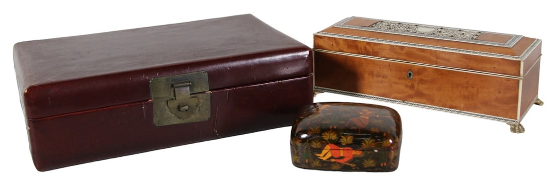 THREE ASSORTED DECORATIVE BOXES: THREE ASSORTED DECORATIVE BOXES. Height: 4 in. by Width: 13 in. by Depth: 8
