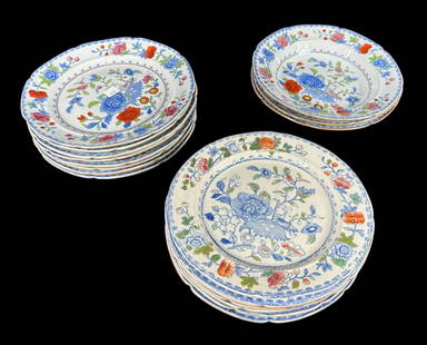 18-PIECE SET OF 1810's MASONS IRONSTONE "GRASS HOPPER" PIECES: 18-PIECE SET OF 1810's MASONS IRONSTONE "GRASS HOPPER" PIECES. 15 PLATES AND 3 BOWLS. Height: 1.25 in. by Width: 9.5 in. by Depth: 9.5