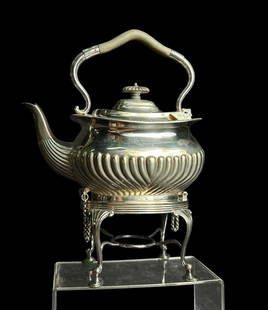 ANTIQUE SILVER PLATE KETTLE ON STAND: ANTIQUE SILVER PLATE KETTLE ON STAND Height: 12.25 in. by Width: 9.5 in. by Depth: 5.75