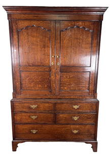 ANTIQUE GEORGIAN OAK LINEN PRESS: ANTIQUE GEORGIAN OAK LINEN PRESS. Height: 76 in. by Width: 48 in. by Depth: 21