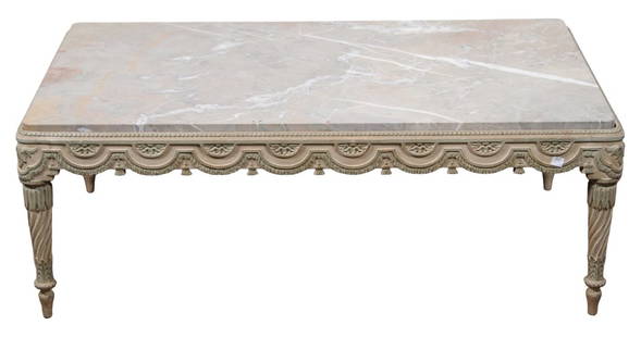 FRENCH CARVED MARBLE TOP COFFEE TABLE: FRENCH CARVED MARBLE TOP COFFEE TABLE. Height: 15 in. by Width: 41 in. by Depth: 24.5 in.