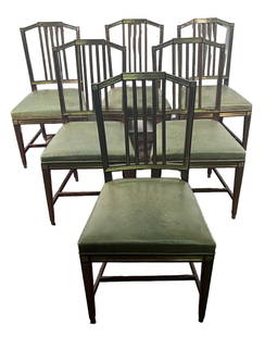 SIX ANTIQUE SCANDANAVIAN MAHOGANY DINING CHAIRS: SIX ANTIQUE SCANDANAVIAN BRASS INLAID MAHOGANY DINING CHAIRS WITH LEATHER SEATS. PURCHASED FROM MALLET ANTIQUES. Height: 36 in. by Width: 19 in. by Depth: 18 in.