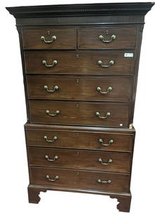 19th CENTURY GEORGIAN MAHOGANY CHEST ON CHEST: 19th CENTURY GEORGIAN MAHOGANY EIGHT DRAWER CHEST ON CHEST. No Key. Large nick on upper right corner. Height: 76 in. by Width: 42 in. by Depth: 23 in.