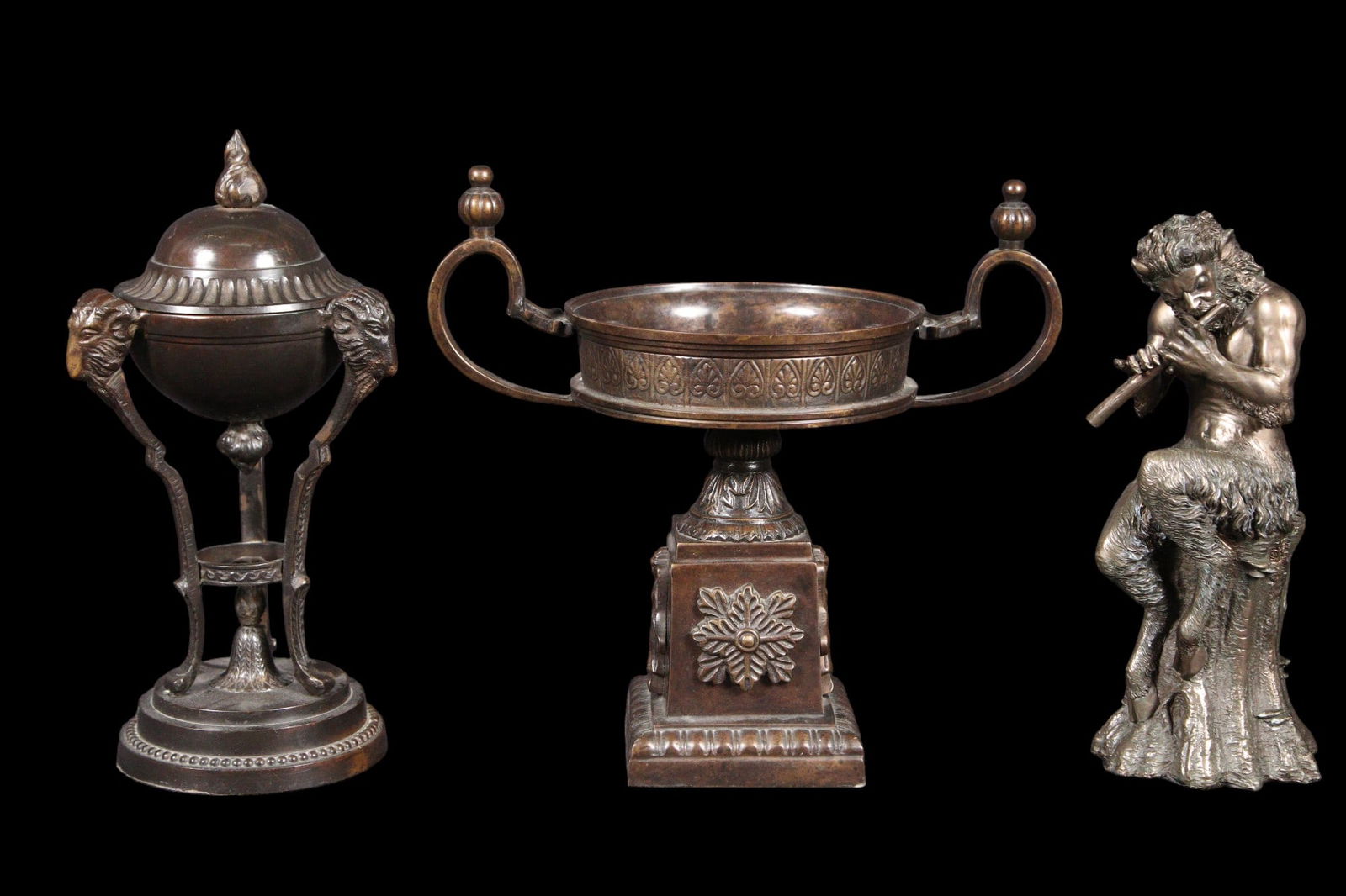 3 DECORATIVE OBJECTS, 2 BRONZE 1 RESIN STATUE: 3 DECORATIVE OBJECTS, 2 BRONZE 1 RESIN STATUE BRONZE LOOK RESIN BACCHUS BRONZE TAZZA BRONZE PASTILLE BURNER Height: 11 in. by Width: 11 in. by Depth: 6