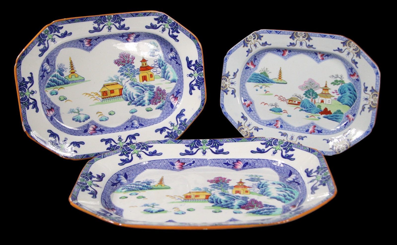 3-SPODE ENGLAND "LANDSCAPE" PLATTERS: 3-SPODE ENGLAND "LANDSCAPE" PLATTERS. GRADUATED SIZES. Large is 17 x 12.5 x 1.5" and has two minor nicks on rim edge. Medium is 14.5 x 10.5. x 1.5" and has two minor nicks on rim edge. Smaller is 12.5
