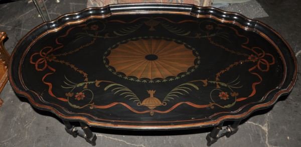 VICTORIAN EBONIZED TRAY STYLE COFFEE TABLE: VICTORIAN EBONIZED TRAY STYLE COFFEE TABLE WITH FAUX INLAY DESIGN. Height: 20 1/2 in. by Width: 32 in. by Depth: 56 in.