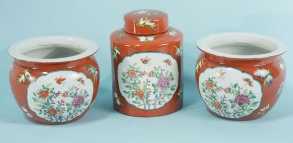 CHINESE PORCELAIN JAR AND TWO PLANTERS: CHINESE PORCELAIN JAR AND TWO PLANTERS. Height: 7 and 10 in. by Width: 9 and 7 1/2 in. by Depth: 9 and 7 1/2 in.