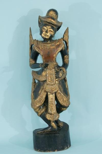 ANTIQUE EBONIZED & GILDED DANCING THAI FIGURE: ANTIQUE EBONIZED & GILDED DANCING THAI FIGURE. Height: 39 in. by Width: 11 in. by Depth: 9 in.
