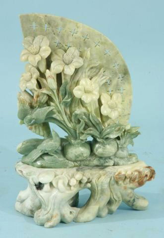 CARVED JADE "FLOWERS WITH FAN" SCENE: CARVED JADE "FLOWERS WITH FAN" SCENE. Height: 26 in. by Width: 17 in. by Depth: 8 and 4 1/2 in.