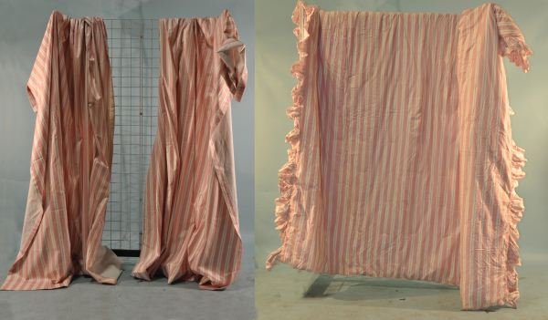 MIXED LOT OF SILK/SATIN DRAPES AND BEDDING: ONE (QUEEN SIZE) COMFORTER WITH PINK AND WHITE STRIPES AND RUFFLES WITH FIVE MATCHING CURTAIN PANELS. Height: 96 in. by Width: 106 in.