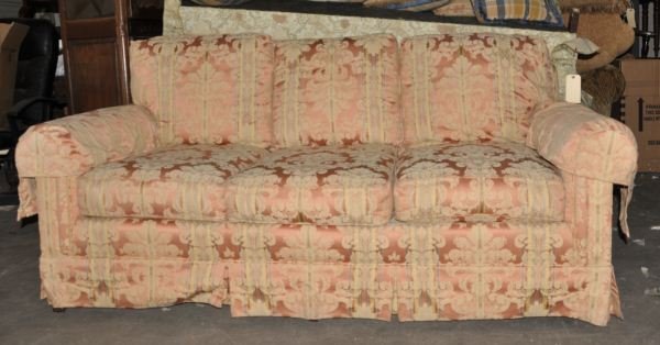 PINK PEACH COLORED STRIPED COUCH: PINK PEACH COLORED STRIPED COUCH. Height: 37 in. by Width: 78 in. by Depth: 36 in.