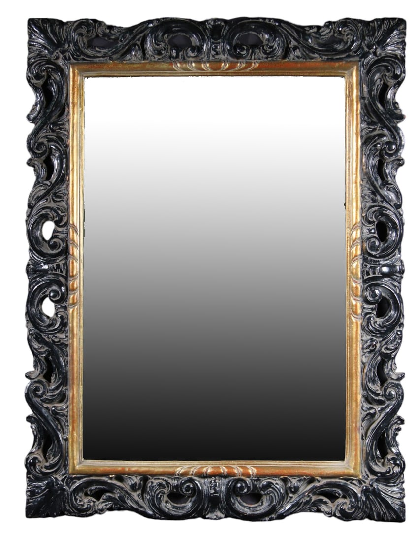 EBONIZED AND GILT FRAMED WALL HANGING MIRROR: EBONIZED AND GILT FRAMED WALL HANGING MIRROR Height: 44 in. by Width: 33 in. by Depth: 2.5