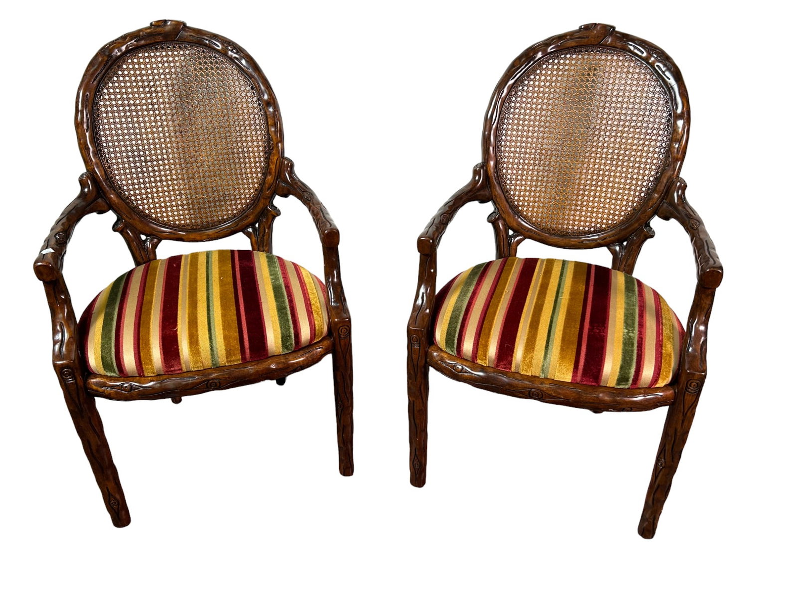 PAIR OF FRENCH STYLE ARMCHAIRS WITH CANE BACKS: PAIR OF FRENCH STYLE ARMCHAIRS WITH CANE BACKS. Height: 39 in. by Width: 23 in. by Depth: 17