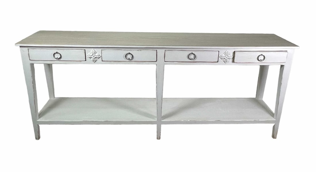 PROVINCIAL WHITE WASHED CONSOLE TABLE: PROVINCIAL WHITE WASHED CONSOLE TABLE. Height: 34.5 in. by Width: 85 in. by Depth: 17 in.