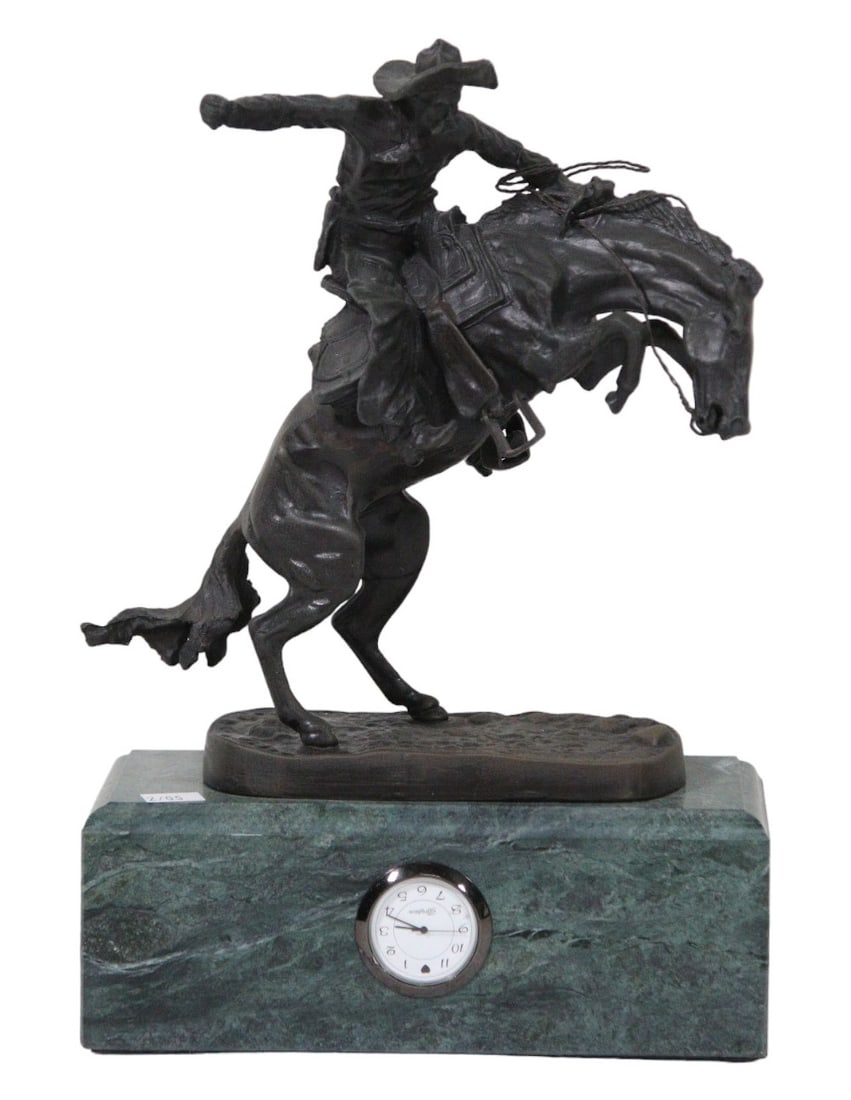 VINTAGE FREDERIC REMINGTON BRONZE CLOCK: VINTAGE SIGNED FREDERIC REMINGTON BRONZE MANTEL CLOCK Height: 10 in. by Width: 7 in. by Depth: 3.5