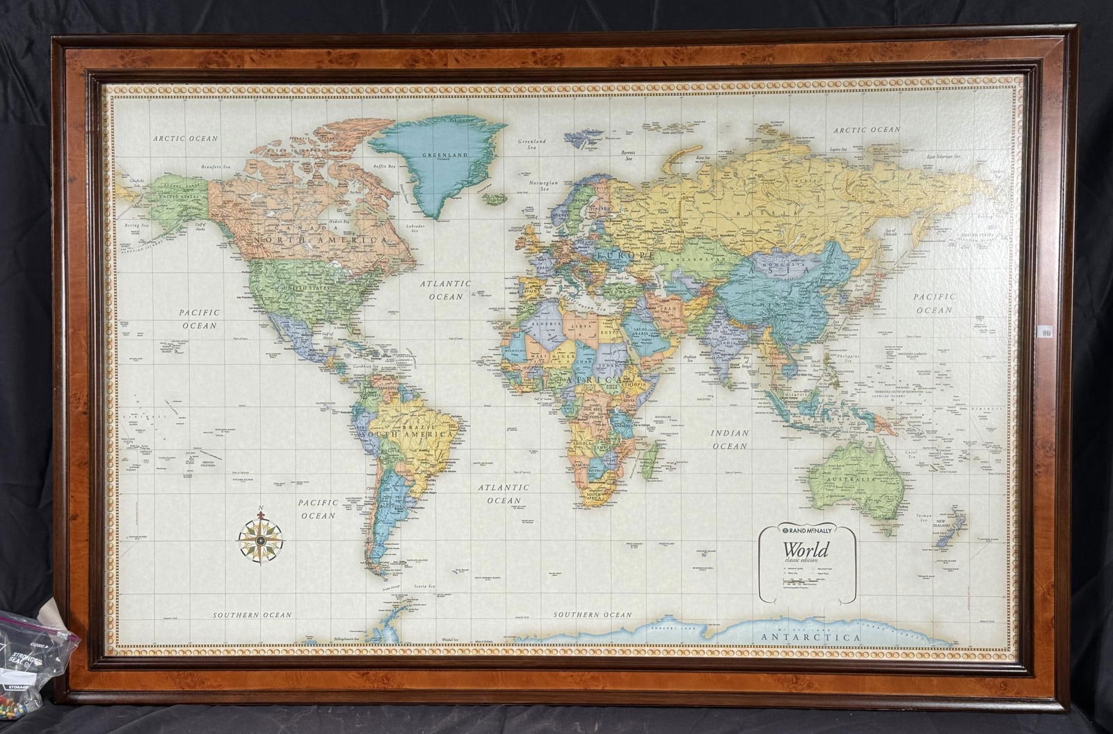 FRAMED RAND MCNALLY WORLD MAP W MAGNETIC MARKERS: FRAMED RAND MCNALLY WORLD CLASSIC EDITION MAP W MAGNETIC MARKERS PINS INCLUDED Height: 35.5 in. by Width: 53.5 in. by Depth: 1.25 in.