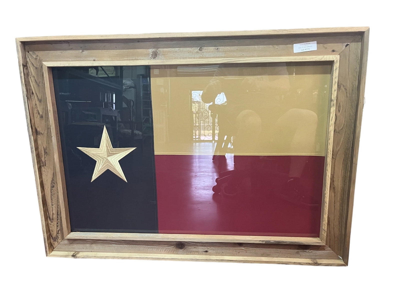 FRAMED TEXAS FLAG IN BARNWOOD FRAME: FRAMED TEXAS FLAG IN BARNWOOD FRAME Height: 30 in. by Width: 42 in. by Depth: 2