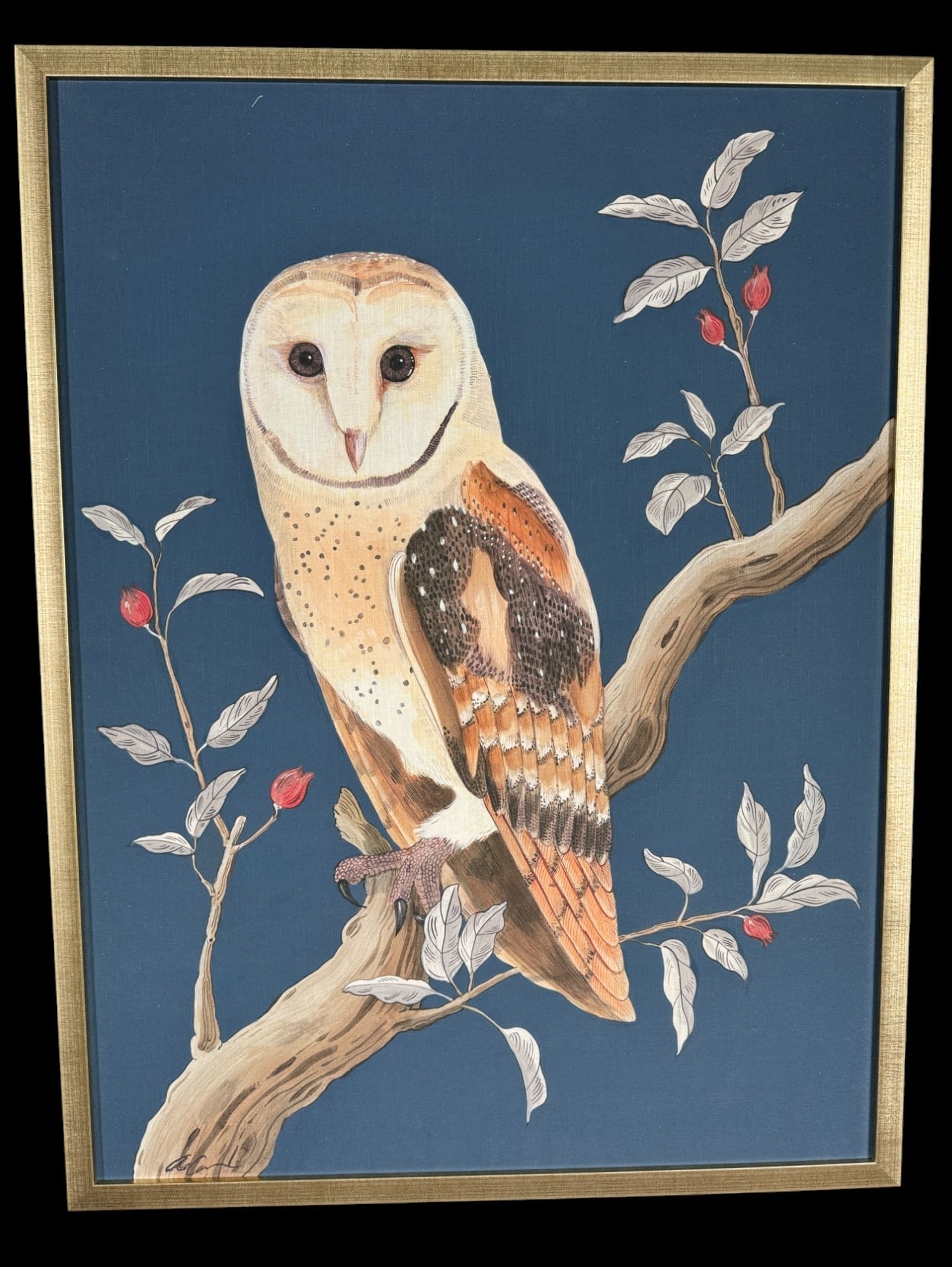ACRYLIC ON LINEN OWL ON BRANCH: ACRYLIC ON LINEN OWL ON BRANCH Height: 40 in. by Width: 30 in. by Depth: 2.25