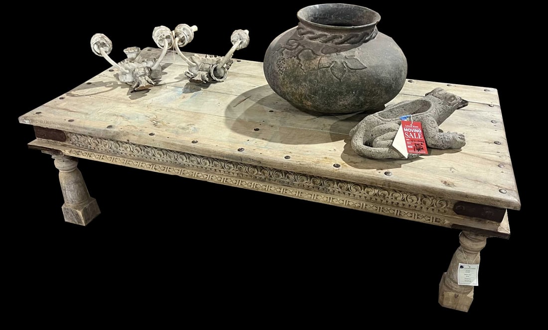 MOROCCAN WOOD CARVED COFFEE TABLE: MOROCCAN WOOD CARVED COFFEE TABLE. Height: 18 in. by Width: 62 in. by Depth: 32 in.