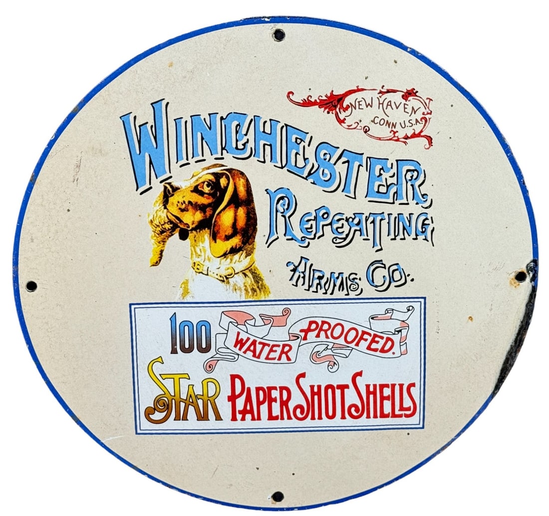 VINTAGE PORCELAIN WINCHESTER REPEATING ARMS CO: VINTAGE PORCELAIN WINCHESTER REPEATING ARMS CO SIGN Height: 12