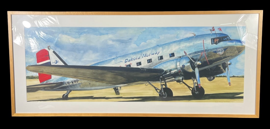WATERCOLOR OF DAKOTA NORWAY DOUGLAS DC-3: LARGE WATERCOLOR OF DAKOTA NORWAY DOUGLAS DC-3, SIGNED: G.A. PHILLIPSON. Height: 24.75 in. by Width: 58.25 in. by Depth: 2 in.