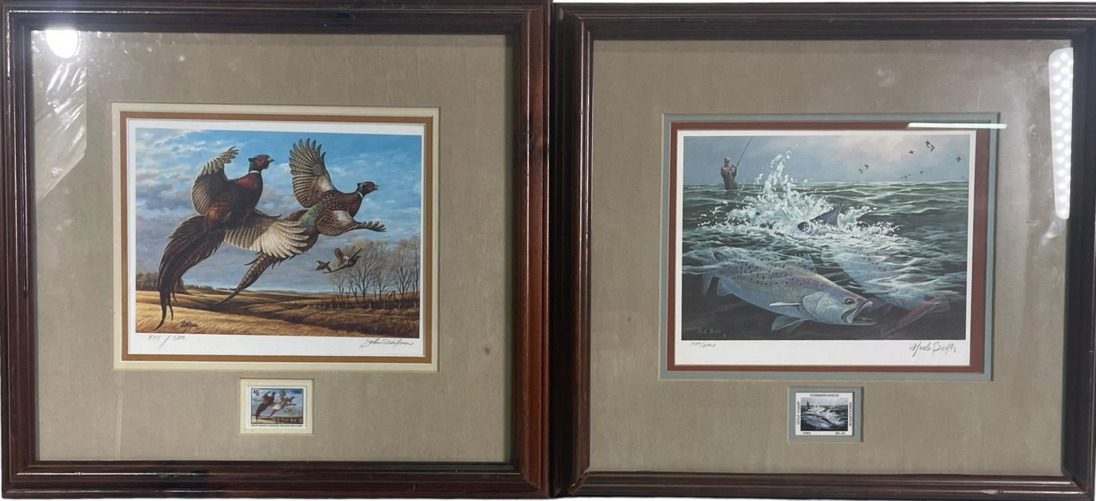 2 STAMPED WILDLIFE PRINTS: 2 STAMPED WILDLIFE PRINTS THE FISHING ONE IS A HERB BOOTH THE BIRDS ARE JOHN WILSON Height: 16 in. by Width: 17.25 in. by Depth: 1