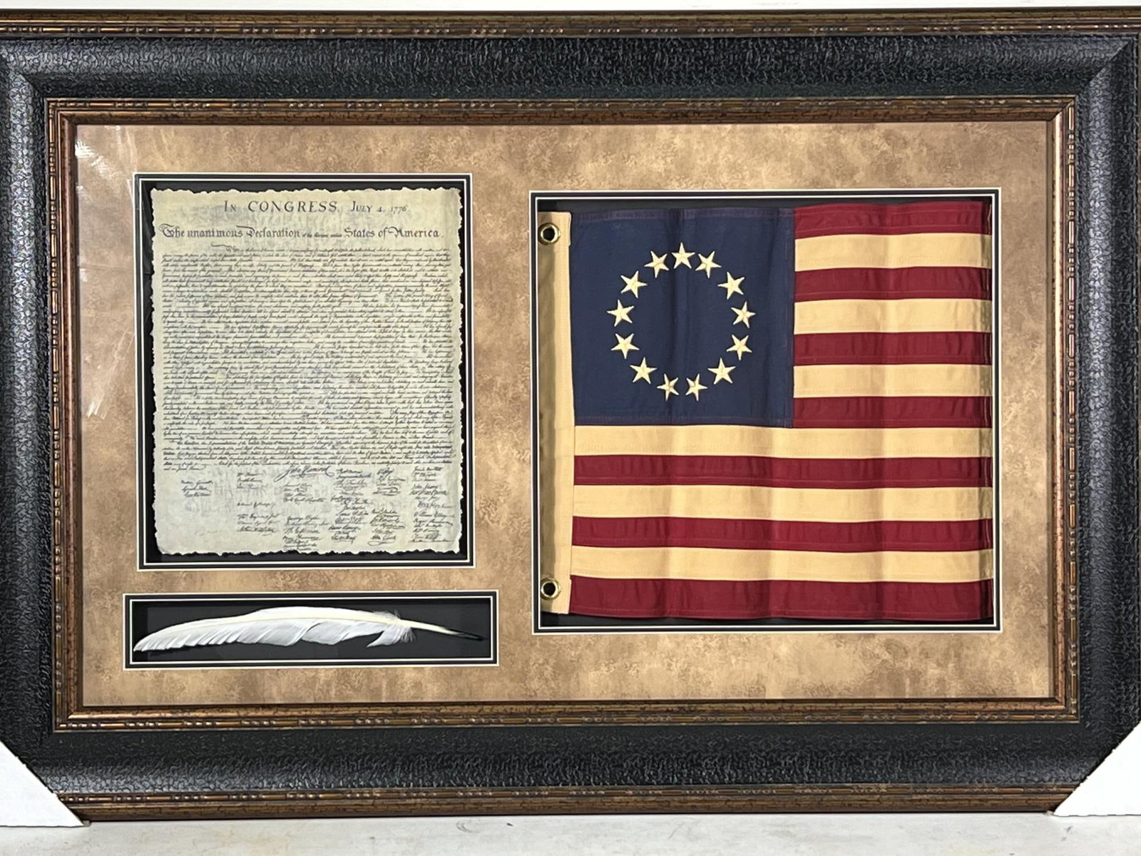 BETSY ROSS FLAG, DECLARATION AND QUILL: BETSY ROSS FLAG, DECLARATION AND QUILL Height: 32.25 in. by Width: 48.5 in. by Depth: 2