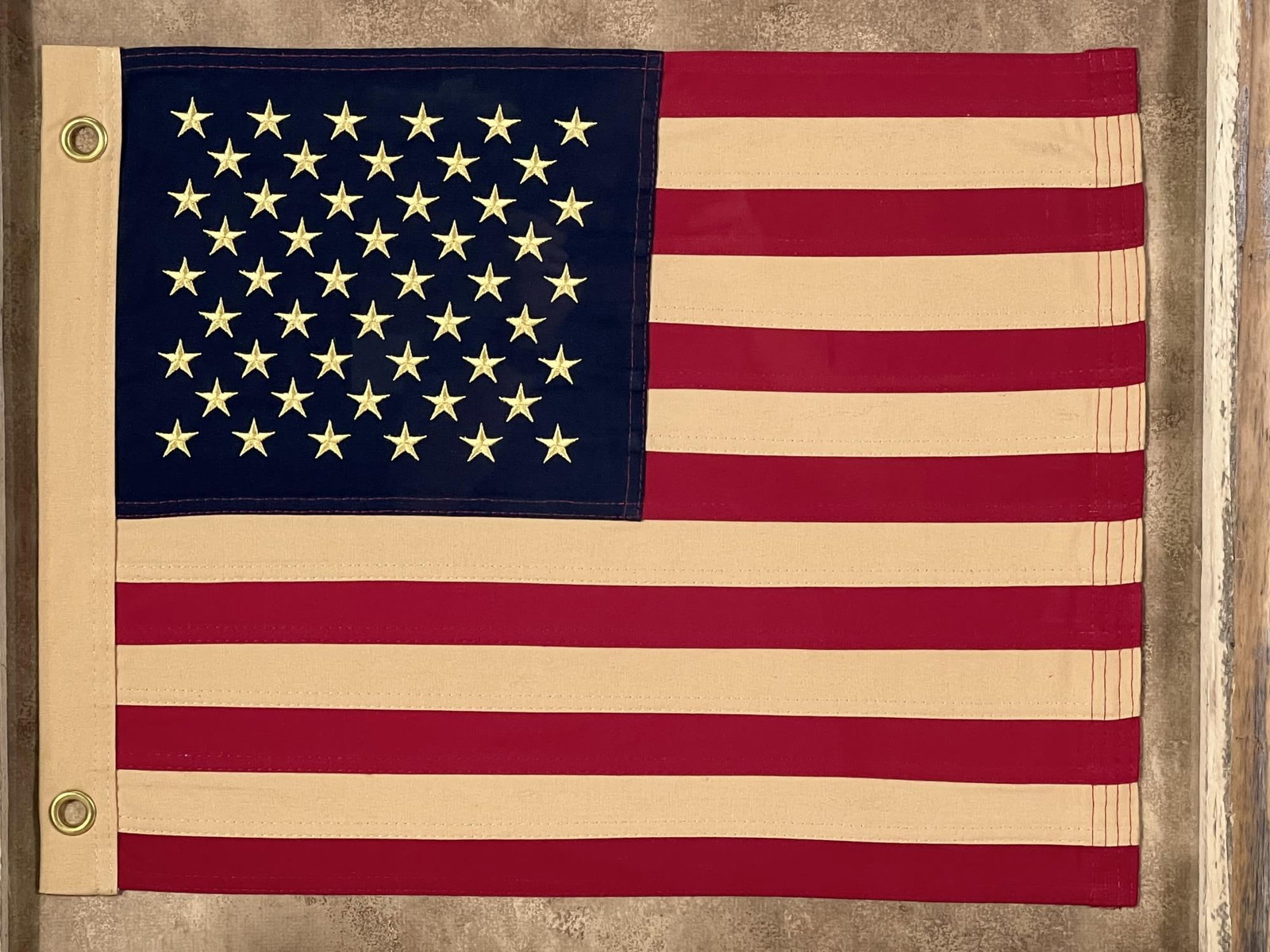 AMERICAN FLAG IN BARNWOOD FRAME: AMERICAN FLAG IN BARNWOOD FRAME Height: 26 in. by Width: 30.25 in. by Depth: 2