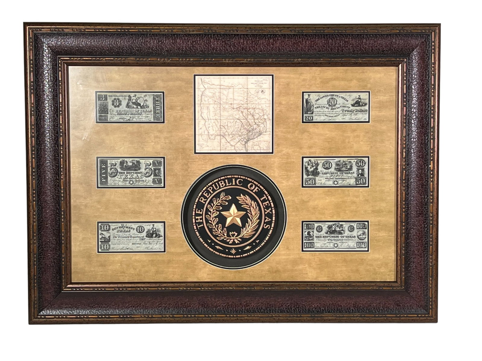 TEXAS MAP, SEAL AND MONEY: TEXAS MAP, SEAL AND MONEY (REPLICA) Height: 32 in. by Width: 44.5 in. by Depth: 2