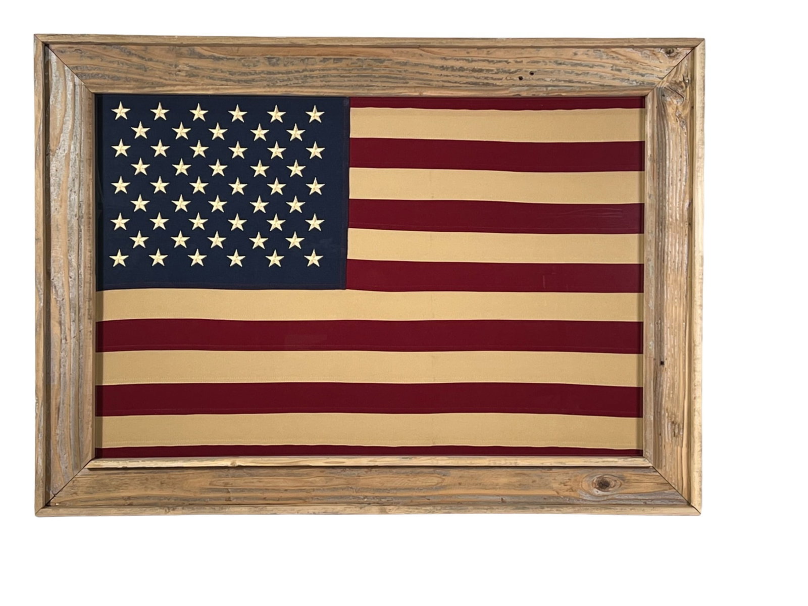 AMERICAN FLAG IN BARNWOOD FRAME: AMERICAN FLAG IN BARNWOOD FRAME Height: 30.5 in. by Width: 42.25 in. by Depth: 2